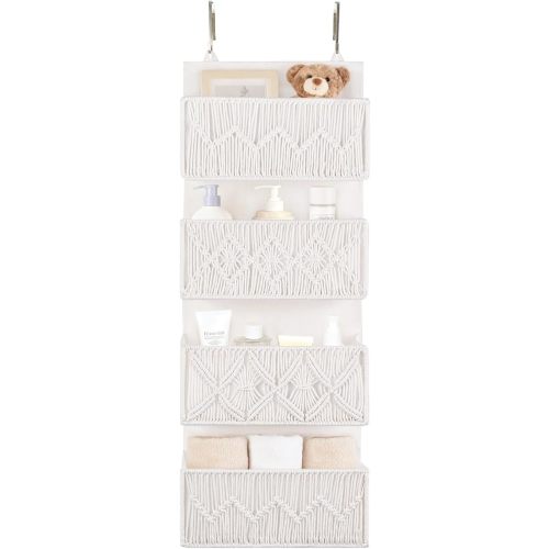 Dahey Over The Door Organizer Macrame Boho Nursery Storage Decor with 4 Large Woven Pockets Closet Behind Hanging Organizer for Bedroom Nursery Bathroom Apartments Dorm Pantry Decoration,White