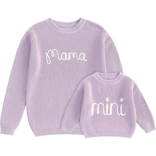 Mommy and Me Family Matching Sweaters Letter Embroidery Long Sleeve Round Neck Knitwear Fall Winter Warm Tops