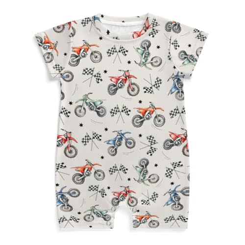 Wicbfdfv Vintage Motor Dirt Bike Baby Romper Cute Race Bikes Plaid Checker Flag Stars One-Piece Jumpsuits