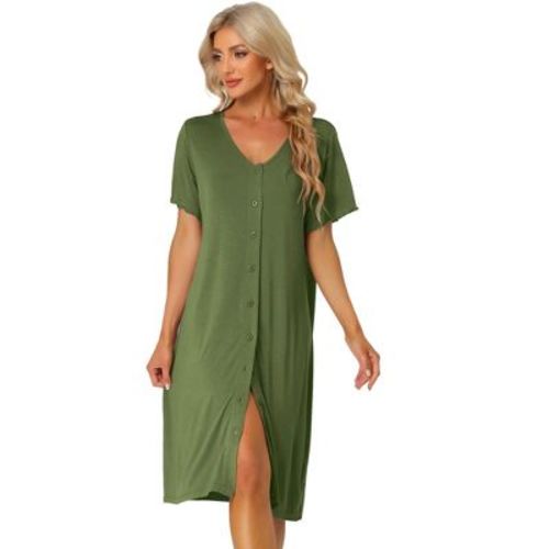 cheibear Women's Nightgown Button Down Short Sleeve Soft Modal Loose Pajama Sleepshirt Large Army Green