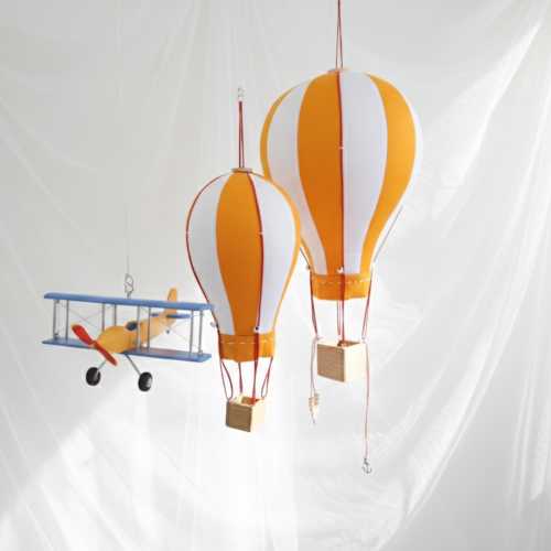 Yellow Hot Air Balloon & Blue Airplane Nursery Decor Set, Sunshine Hanging Decor