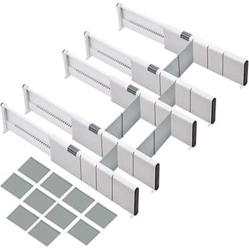 JONYJ Drawer Dividers Organizer 5 Pack, Adjustable Separators with 10 Inserts 4" High Expandable from 11-17" for Bedroom, Bathroom, Closet, Clothing, Office, Kitchen, Strong Secure Hold, White
