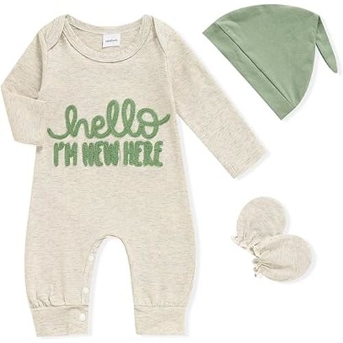 GRNSHTS Newborn Baby Boy Romper Coming Home Outfits Letter Print Bodysuit Jumpsuit+Hat+Gloves 3PCS Clothes Set
