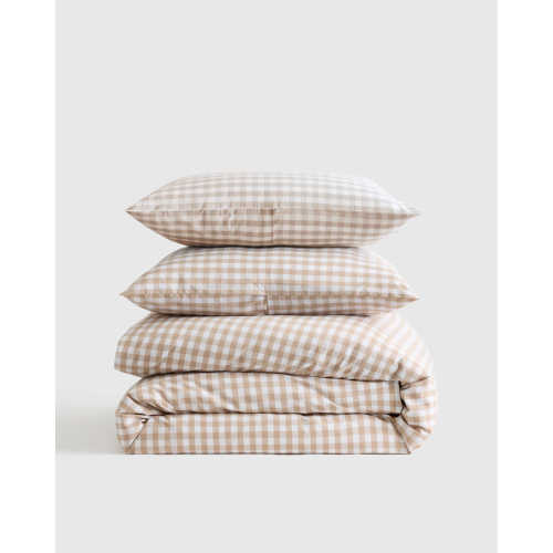 Classic Organic Percale Gingham Duvet Cover Set in Cafe