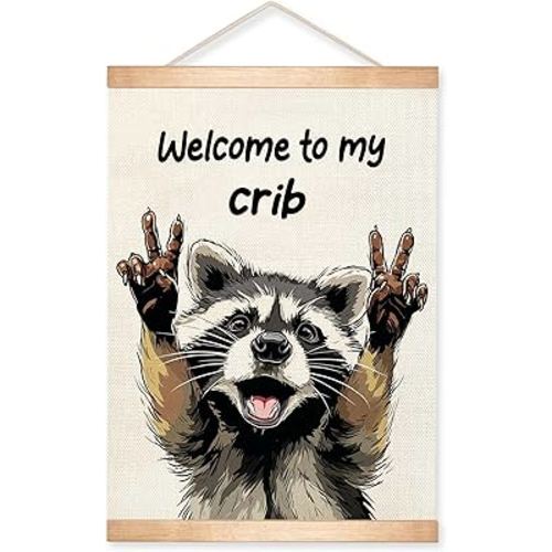 HEYJEEPER Welcome to My Crib Wall Art Decor,Funny Raccoon Posters,Man Cave Wall Hanging Decor for Playroom,Bedroom,Entryway,Dorm Room, Nursery 14x18Inch (To my crib-2)