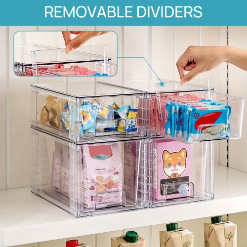 3/4pcs Clear Stackable Storage Bins With Lids & Handles | Easy Assemble Closet & Kitchen Organizers | Plastic Covered Drawers For Under Sink, Pantry, Cabinet Storage | Ideal For Cosmetics, Cleaning Supplies, Food Items