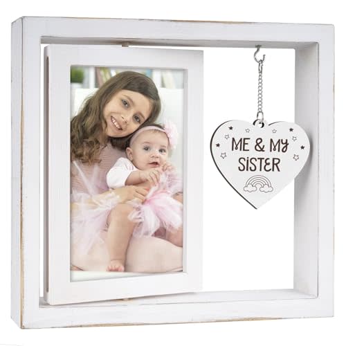 Nuowagify Me and My Sister Picture Frame,New Baby Girl Gifts, Sibling Keepsake,Ideal Little or Big Sister Gift, Gender Neutral Nursery Decor Vintage Style Rotating Photo Frame 4x6