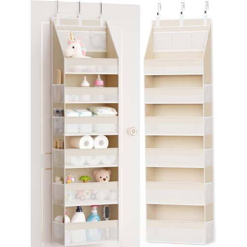 Over the Door Organizer, 6-Shelf Closet Hanging Storage with 13 Mesh Pockets, 55lbs Capacity Behind the Door Storage for Baby Nursery, Bathroom, Bedroom, and Dorm, Beige