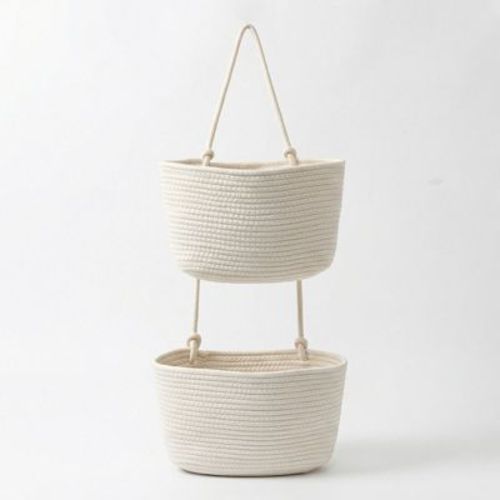 Alilang 2 Tier Hanging Storage Basket Cotton Rope Wall Organizer Modern Neutral Storage, White