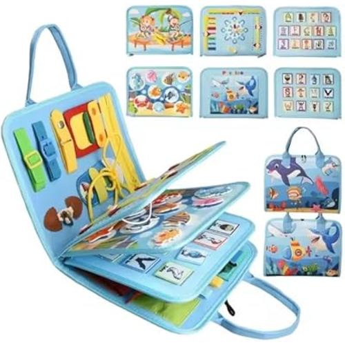 BROOKS CLUB Montessori Busy Board for Toddlers – 8-in-1 Marine Animal Activity Book with 26 Montessori Skills, Travel Toy for Airplane & Car – Educational Gift for Kids
