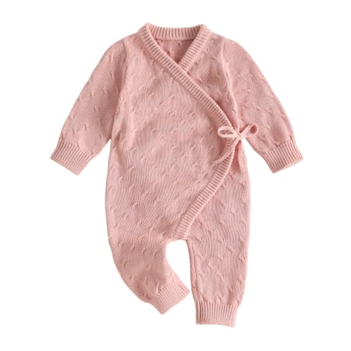 Kupretty Newborn Girl Outfit Baby Sweater Knit Romper Jumpsuit | Coming Home Outfit Baby Girl Knit Clothes Kimono Wrap Romper Fall Winter Clothes Long Sleeve Side Tie Footless Jumpsuit