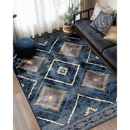 Area Rug 5x7 Rug Machine Washable Non-Slip Low Pile Print Pattern Western Rug for Living Room Bedroom Entryway Tribal Series -Light Pink/Cream
