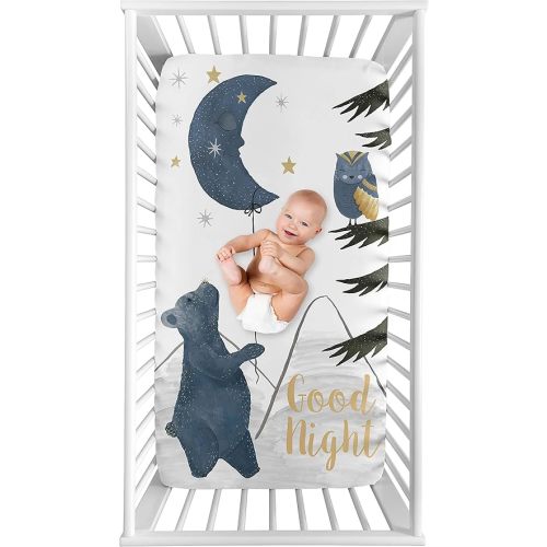 Sweet Jojo Designs Woodland Bear and Owl Boy or Girl Fitted Crib Sheet Baby or Toddler Bed Nursery Photo Op - Navy Blue, Grey, Gold and Black Celestial Moon Star Watercolor Forest