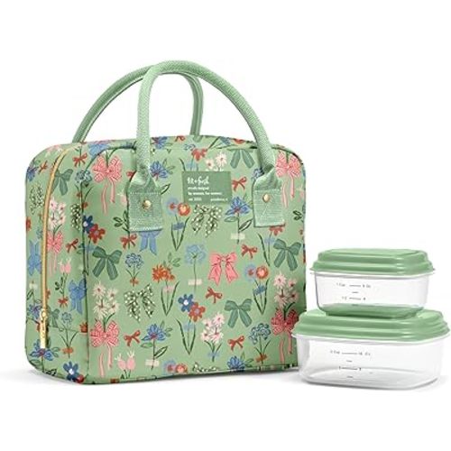 Fit & Fresh Bloomington Lunch Bag for Women - Insulated Large Lunch Box for Work with Containers, Leak-Resistant, Stain-Resistant, Zipper Closure, Sage Bows & Flowers