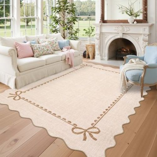 Garvee Scalloped Edge Rugs for Living Room, Bow Pattern Solid Rug, Washable Low Pile Non Slip Area Rug