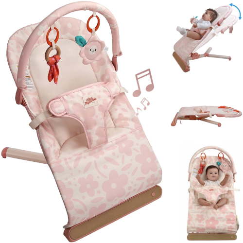 Tiny Marvels Baby Bouncer Seat 0–12 Months, Ergonomic Portable Design with 3-Point Harness, Soothing Music & Removable Toy Bar, Foldable Baby Seat for Newborns & Toddlers Under 20 lbs