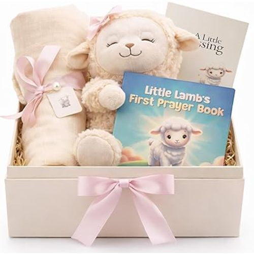 Baptism Gift for Girl – Baptism Set with 10" Praying Lamb Plush Toy (Pink Bow), Bamboo Muslin Blanket & First Prayer Book, Ready to Gift Keepsake Box