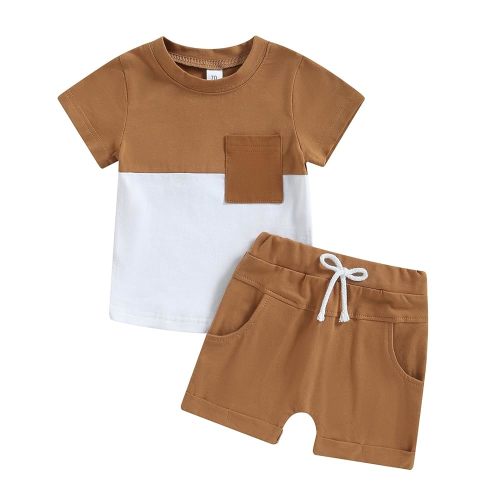 fhutpw Baby Toddler Boy Clothes Summer Outfits 6 12 18 24 Months Patchwork Short Sleeve T Shirt & Shorts Sets with Pockets