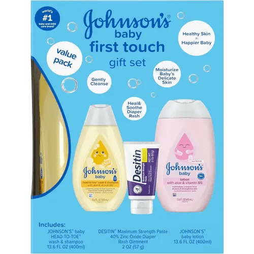 Johnson's First Touch Baby Gift Set, Baby Bath, Skin & Hair Essential Products, Kit for New Parents with Wash & Shampoo, Lotion, & Diaper Rash Cream, Hypoallergenic & Paraben-Free, 4 items