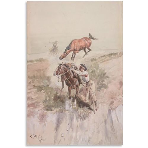 Charles Marion Russell Throwing Herself from The Saddle Canvas Wall Art Poster Decorative Bedroom Modern Home Print Picture Artworks Posters 16x24inch(40x60cm)