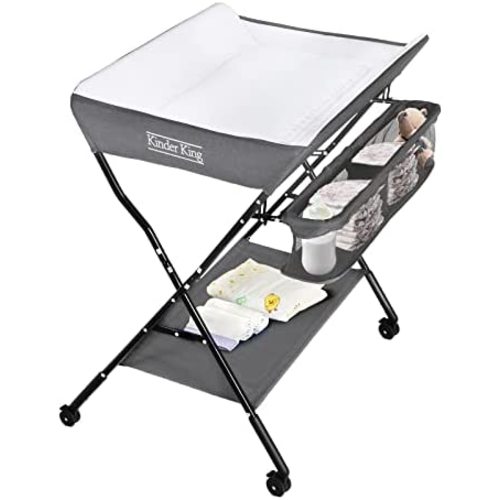 Kinder King Portable Baby Changing Table w/Wheels, Adjustable Height Folding Infant Diaper Station, Mobile Newborn Nursery Organizer, Large Storage Rack, Grey