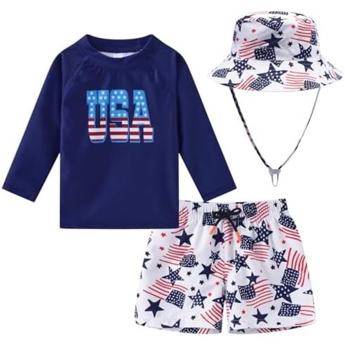 Toddlers and Baby Boys' 3-Piece Swimsuit Trunk Rashguard Set and Sun Hat Swimwear Bathing Suit Sunsuit Swim Shirt UPF 50+