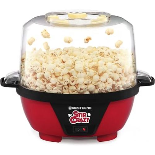 West Bend Stir Crazy Hot Oil Popcorn Popper, Popcorn Maker Machine with Large Serving Bowl Lid and Stirring Rod Perfect for Movie Night Snack Time or Parties, 6-Quart, Red