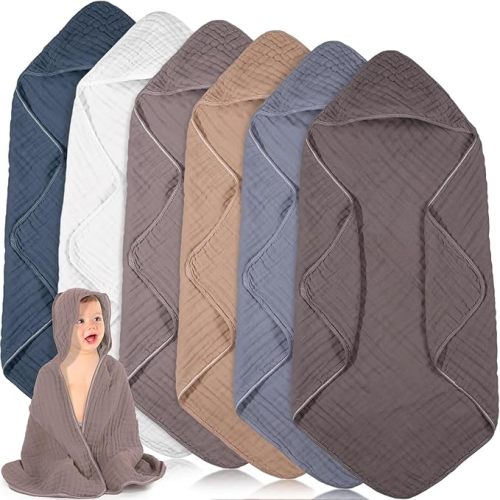 Peryiter 6 Pcs Muslin Hooded Baby Towels, 32"x 32" Cotton Newborn Bath Towel Muslin Infant Baby Blankets Absorbent Unisex Newborn Registry Gift Essentials for Girls Boys (Elegant Color)