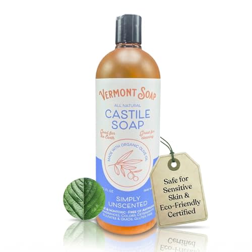 VERMONT SOAP Castile Soap Unscented, Natural Organic Liquid Body Wash, 32oz | Organic castile soap, aloe enriched, gentle cleansing, face, body, hands & hair, biodegradable formula, Pure castile liquid