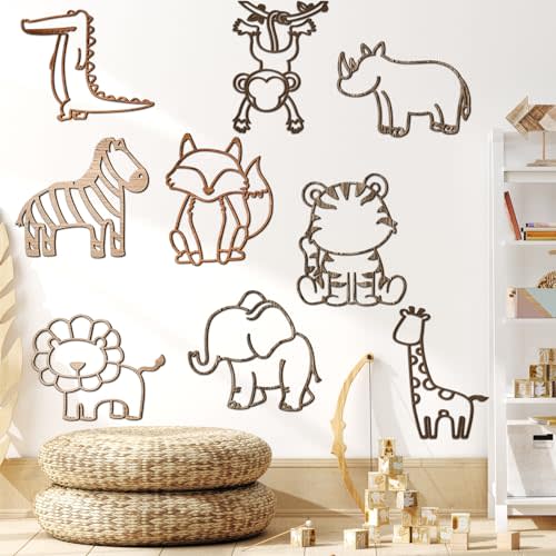 Soaoo 9 Pcs Nursery Wall Decor Jungle Theme Nursery Decoration Wooden Woodland Safari Animal Wall Decor for for Baby Girls Boys Toddler Bedroom Playroom Classroom Decorations