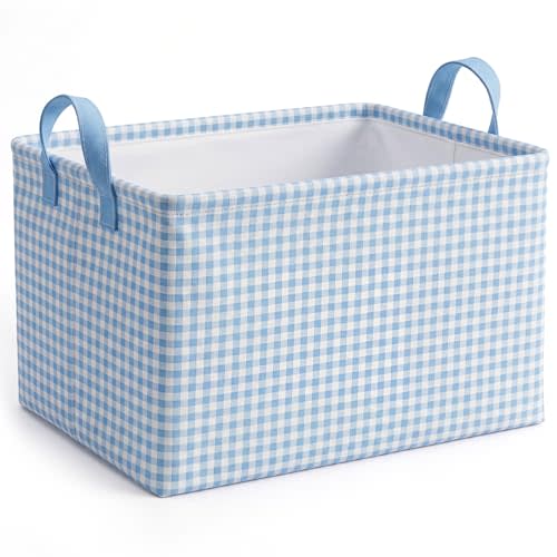 Hushee Blue Gingham Basket Checkered Storage Collapsible Bin with Handles | Rectangular Bin, Sturdy Canvas Exterior with Waterproof Liner, Collapsible Design, Space-saving, 14.9'' x 10.2''