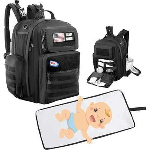 MABOZOO Diaper Bag Backpack for Dad, Black Military Diaper Bag Backpack with Waterproof Changing Pad,Large Mens Baby Bag,Unisex Molle Style Baby Backpack Bag