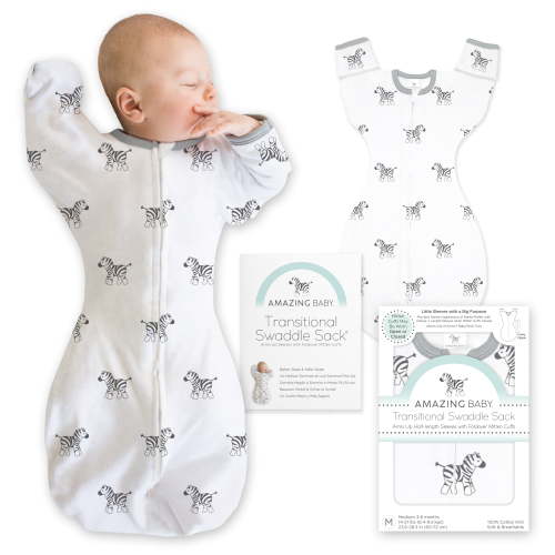 Amazing Baby - Transitional Swaddle Sack - Arms Up 1/2-Length Sleeves & Mitten Cuffs, Tiny Zebras, Soft Black