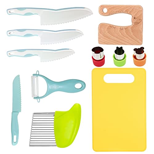 11 Pieces Wooden Kids Kitchen Knife, Blue Kids Knife Set Include Wood Kids Knife, Serrated Edges Plastic Toddler Knife, Crinkle Cutter, Sandwich Cutter, Y Peeler, Cutting Board