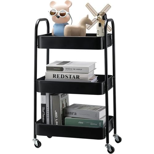 SETTFRFE 3 Tier Metal Utility Cart with Wheels,Rolling Storage Cart for Office,Dorm,Kitchen,Black
