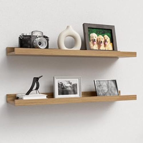 23.6 Inches Long Floating Shelves, 2 Set Modern Wall Shelf for Bedroom, Nursery Book Shelf with Lip, Picture Ledge Shelf for Wall Decor Living Room Bathroom Kitchen - Oak