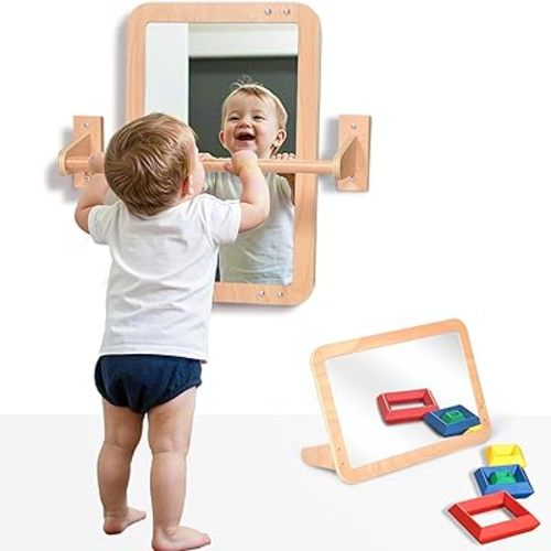 Montessori Baby 2-in-1 Shatterproof Safety Mirror with Pull-Up Bar - Infant Wall Mount & Floor Play for Tummy Time (6 Months+)