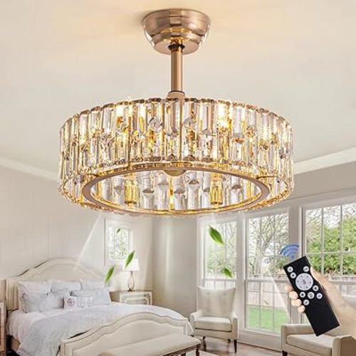 Siljoy 20'' Gold Caged Crystal Ceiling Fan with Light, Modern Bladeless Chandelier Fan with Remote, 6 Speeds, Noiseless DC Motor, Enclosed Fandelier for Living Room Bedroom Nursery