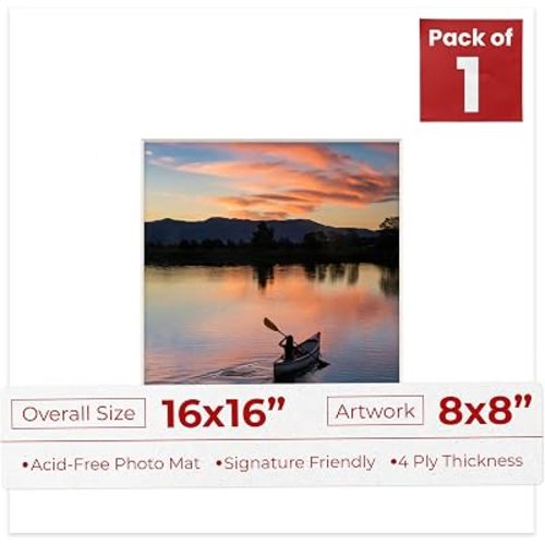 8x8 Mat for 16x16 Frame - Precut Mat Board Acid-Free Textured White 8x8 Photo Matte for a 16x16 Picture Frame, Premium Matboard for Family Photos, Show Kits, Art, Picture Framing, Pack of 1 Mat