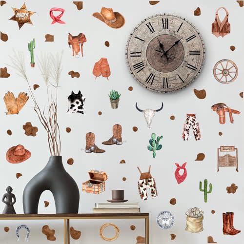 YIMEHDAN Western Cowboy Wall Decal, Boots Horseshoe Iron Hat Cow Spot Cactus Vinyl Wall Stickers, Removable Wild West Rodeo Howdy Artwork for Boys Teen Bedroom Dormitory Decor