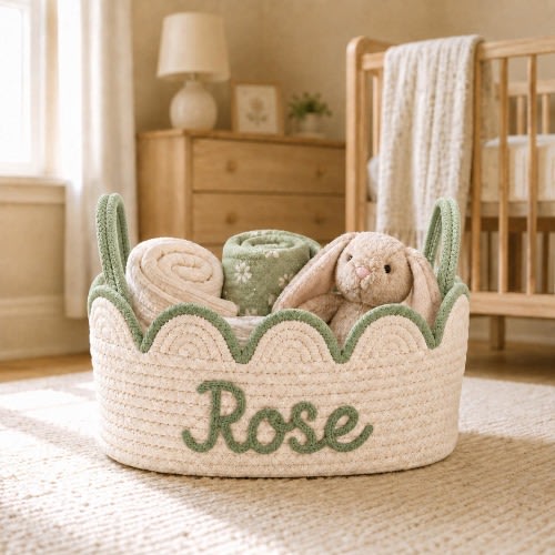 Personalized Scalloped Basket, Custom Name Nursery Storage Handmade Baby Toy Basket