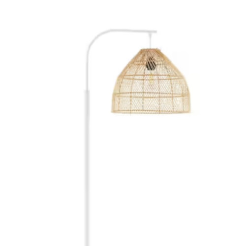 Hampton Bay Ambrose 65 in. White 1-Light Arc Floor Lamp with Nature Rattan Shade RS22031231NA