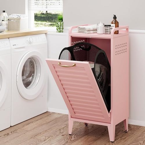 Pink 16 Gallon Large Capacity Tilt Out Laundry Hamper Removable Basket & Hidden Trash Cabinet Space-Saving Bathroom Storage 13.77"D x 16.53"W x 36.51"H for Small Spaces Sturdy Water-Resistant Steel