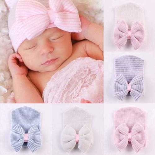 Spring Hue Newborn Baby Girl Colorful Striped Bow Cotton Hat