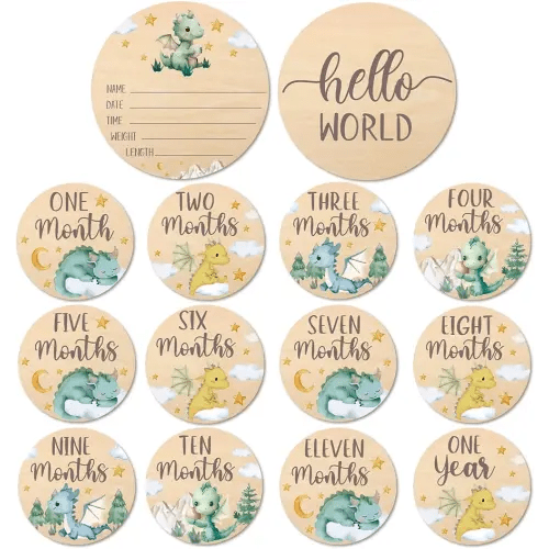 Huray Rayho Little Dragon Baby Monthly Milestone Cards Neutral Wooden Tags Newborn Photography Props Set of 13 Wood Discs from One Month to One Year Baby Growth Record