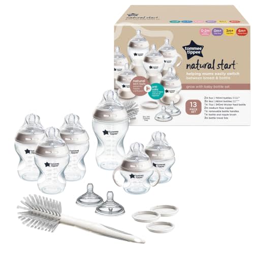 Tommee Tippee Natural Start Baby Bottle Set, Breast-Like Nipples, 0m+ | 12 Pieces, 2x5oz, 3x9oz, 1x11oz Bottles, Slow, Medium & Thicker Flow Nipples, Cleaning Brush, BPA Free, Clear