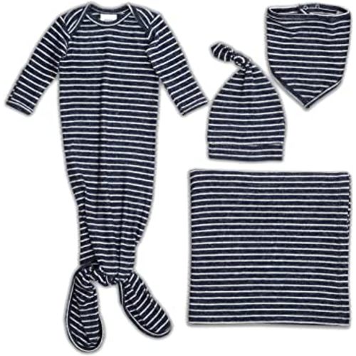 aden + anais Snuggle Knit Newborn Gift Set with Knotted Baby Gown, Swaddle Blanket, Infant Hat, and Bandana Bib, 0-3 Months, Navy Stripe