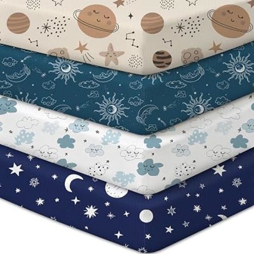 Baby Crib Sheets 4 Pack for Boys and Girls Fit for Standard Crib Toddler Mattress Breathable Soft Microfiber Baby Sheet 28x52x8in，Stars & Moon & White Clouds & Mars：Crib Sheets