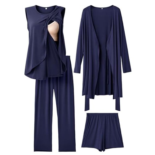 Rnxrbb 4 PCS All-Season Nursing Pajamas Robe Set Maternity Postpartum Pjs | Spring,Summer,Fall&Winter Nursing Sleepwear,Home&Hospital Labor&Delivery Breastfeeding Clothes,Adjustable Waistband