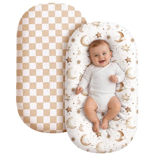 Replacement Baby Lounger Cover, 2 Pack Soft Muslin Slipcover for Newborn Nest, Durable Lounger Protector with Envelope Closure, Fits Most Standard Loungers, Cover Only,Light Brown
